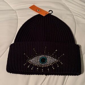 Kurt Geiger Black Beanie with Eye Embellishment